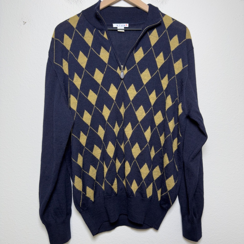 Blue Men 100% Baby Alpaca Sweater Large Navy Argyle Quarter Zip Pullover‎ Peru